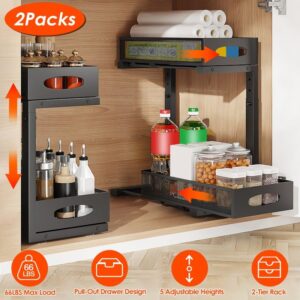 Home 2pcs under sink organizer – 2 tier pull out cabinet storage rack with adjustable height mesh baskets